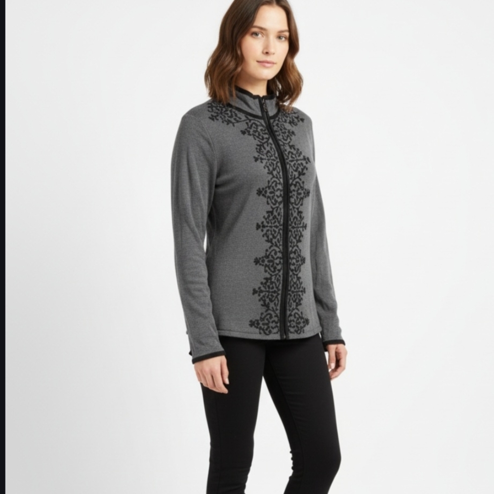 CAbi Long Sleeve Gray Cardigan With Black Velvet Scroll Trim Large